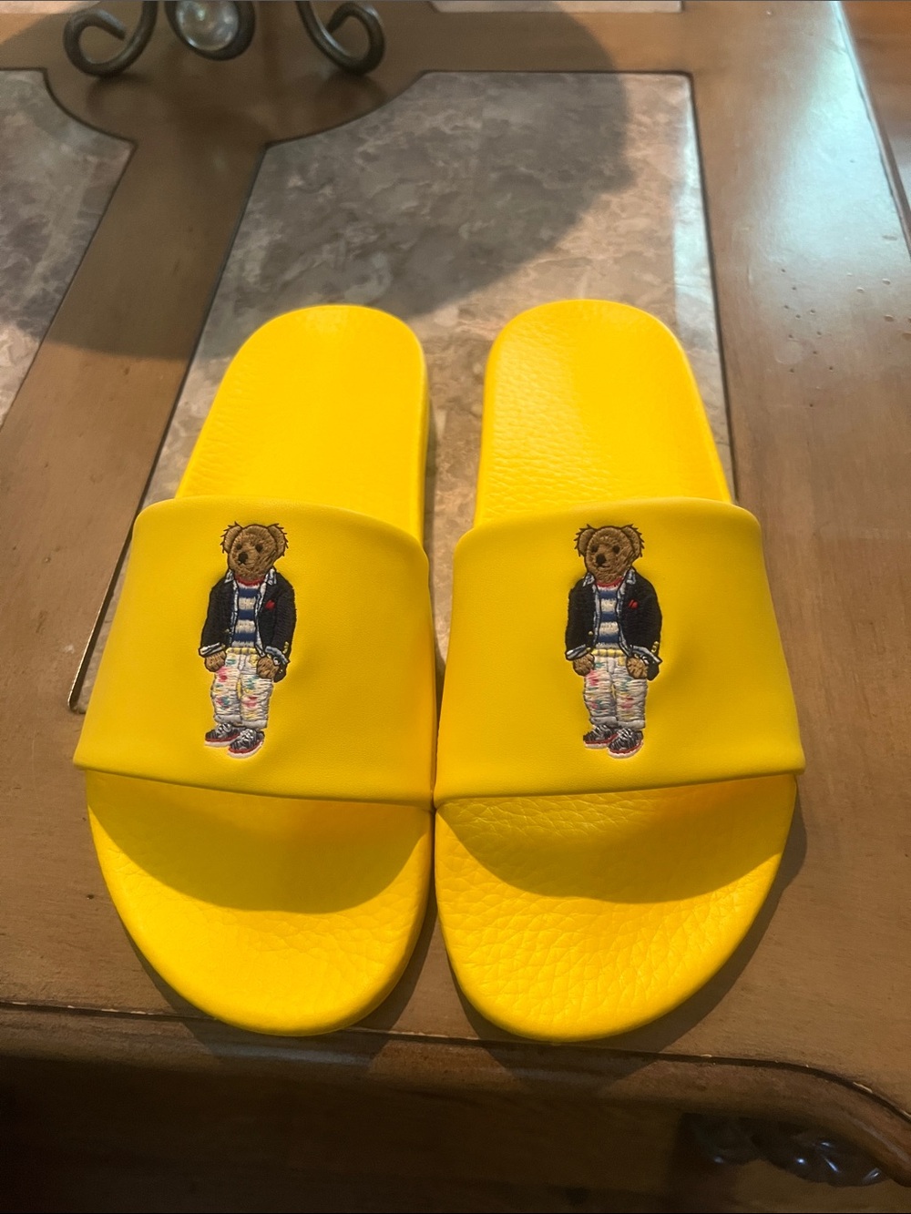 Men’s. Ralph Lauren Polo Yellow Bear Embroidered Slide Sandals